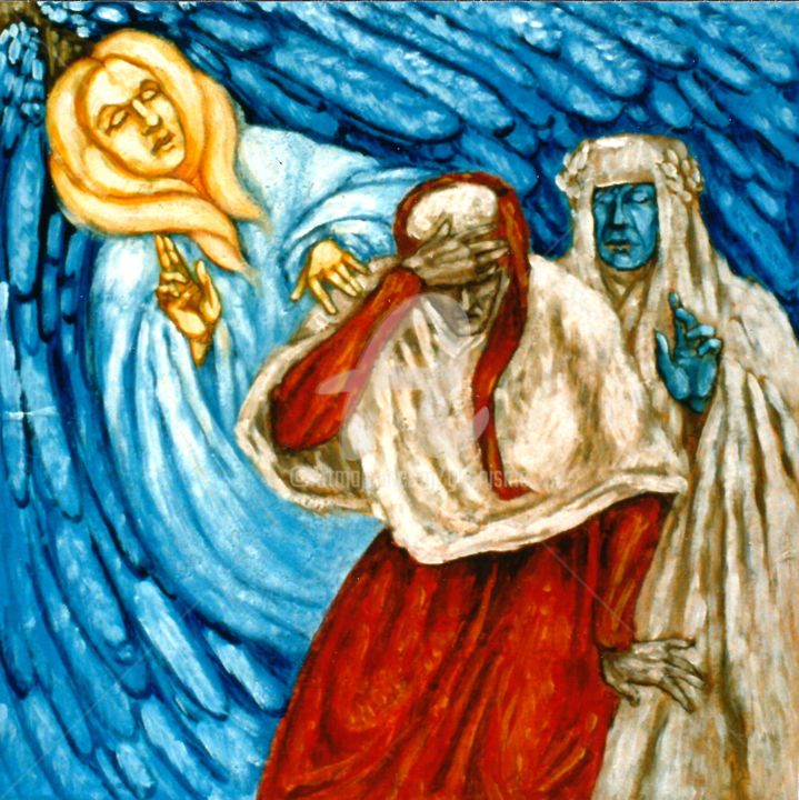 Pintura intitulada "L'Ange de la Cornic…" por Thierry Guého, Obras de arte originais, Óleo