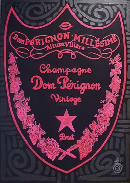 Painting titled "DOM PÉRIGNON  fucsia" by Guemi (1980), Original Artwork, Acrylic Mounted on Wood Stretcher frame