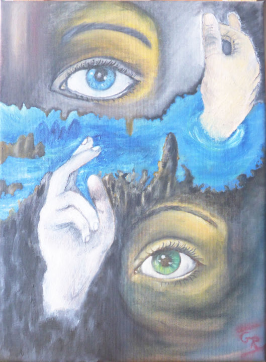 Malerei mit dem Titel "Augen ● Hände ● Fel…" von Günter Ruhm, Original-Kunstwerk, Öl