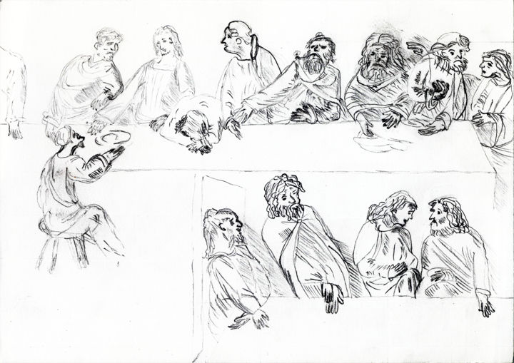 Zeichnungen mit dem Titel "Abendmahl nach Leon…" von Günter Ruhm, Original-Kunstwerk, Bleistift