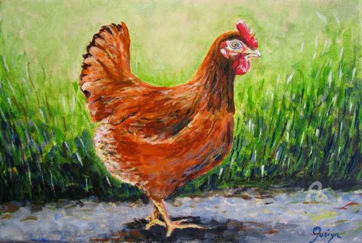 Painting titled "LA POULE ROUSSE DE…" by Gueryn, Original Artwork, Oil