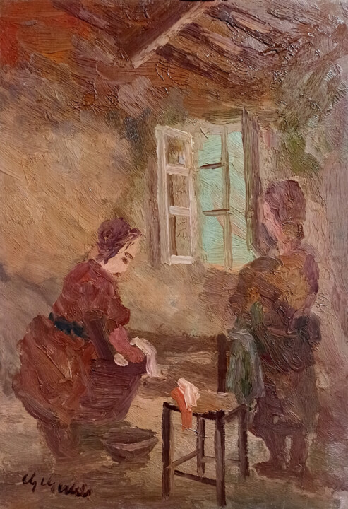 Painting titled "The washerwomen - I…" by Guido Guidi, Original Artwork, Oil Mounted on Wood Panel