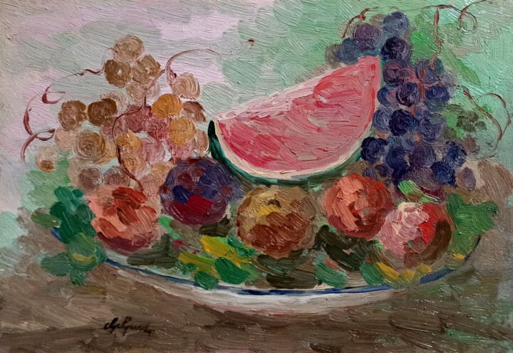 Painting titled "Plate with fresh fr…" by Guido Guidi, Original Artwork, Oil Mounted on Wood Panel
