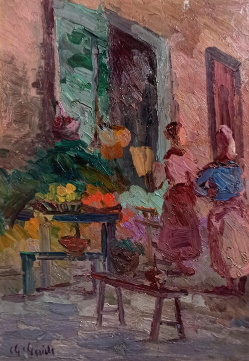 Painting titled "The fruit stand - O…" by Guido Guidi, Original Artwork, Oil Mounted on Wood Panel