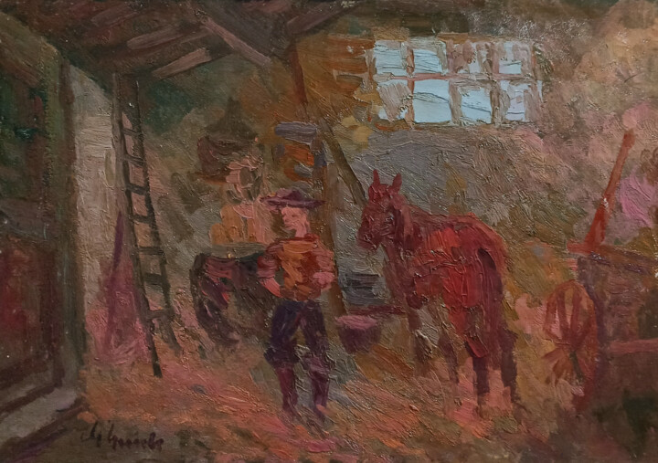 Painting titled "In the stable - Old…" by Guido Guidi, Original Artwork, Oil Mounted on Wood Panel