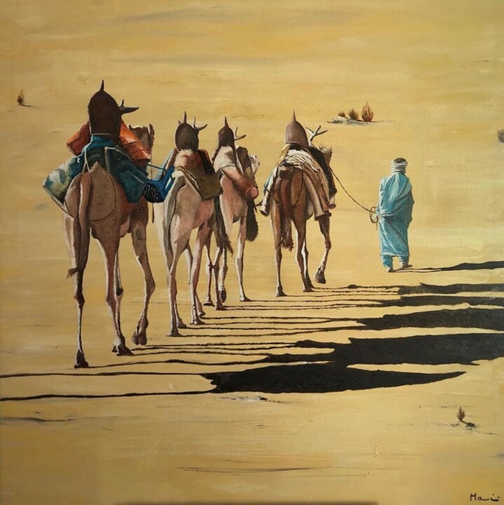 Painting titled "Caravane" by Guido Mannini, Original Artwork, Oil Mounted on Wood Stretcher frame