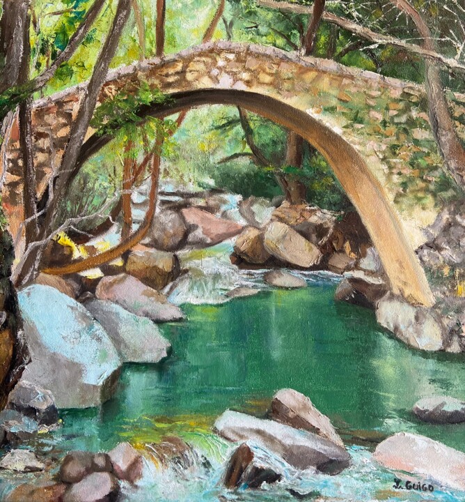 Peinture intitulée "Pont et rivière" par Lydia Guigo, Œuvre d'art originale, Huile Monté sur Châssis en bois