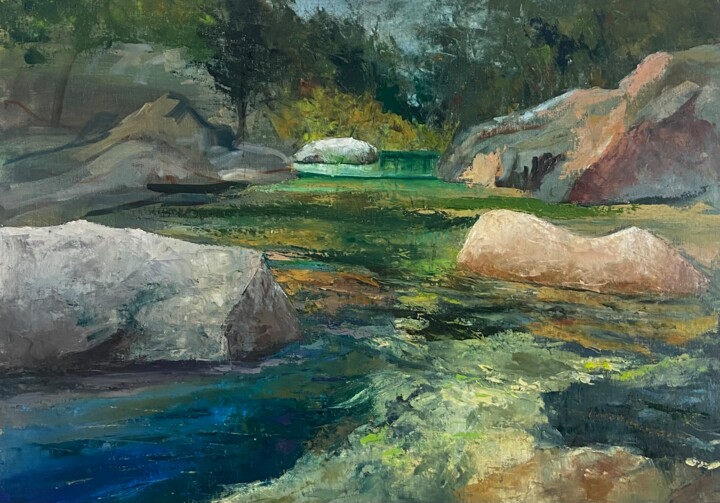 Peinture intitulée "Rivière verte" par Lydia Guigo, Œuvre d'art originale, Huile Monté sur Carton
