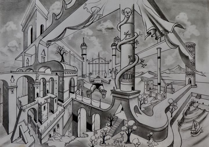 Dessin intitulée "Castle +" par Guillaume Vincent, Œuvre d'art originale, Crayon