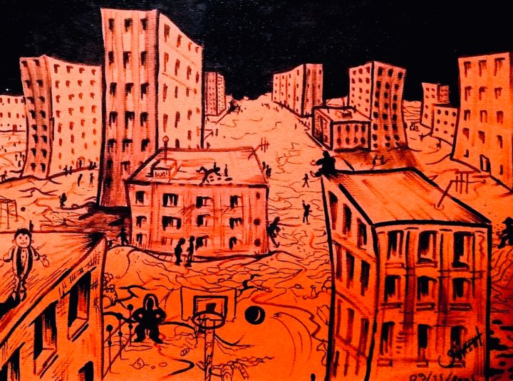 Dessin intitulée "Banlieu rouge" par Guillaume Vincent, Œuvre d'art originale, Marqueur