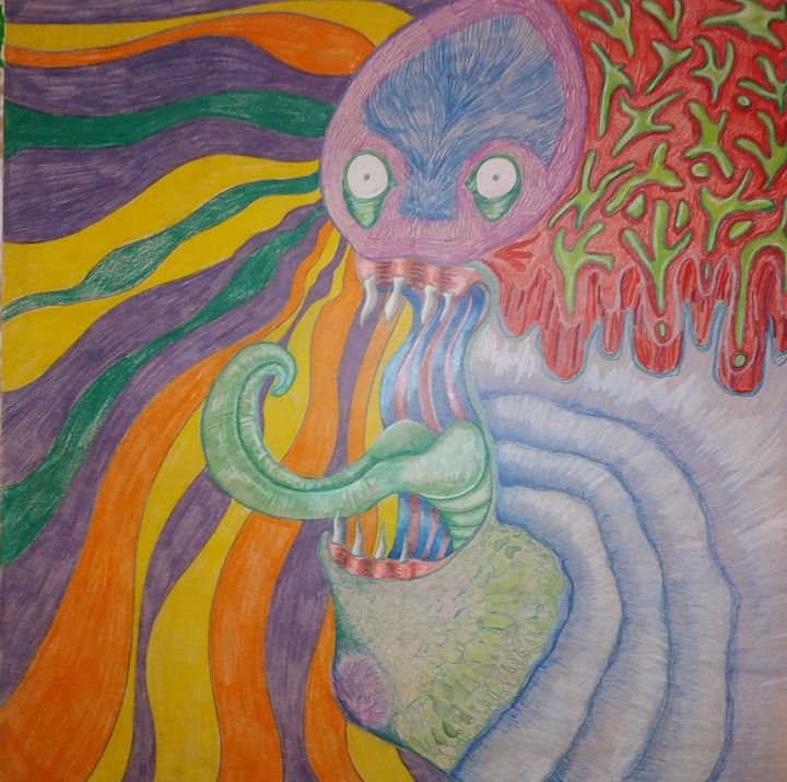 Drawing titled "Little Monster #2" by Guillaume Canva (.cG.), Original Artwork, Pencil Mounted on Wood Stretcher frame