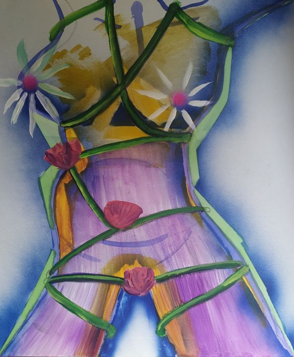 Painting titled "Flowers woman" by Guillaume Canva (.cG.), Original Artwork, Acrylic Mounted on Wood Stretcher frame