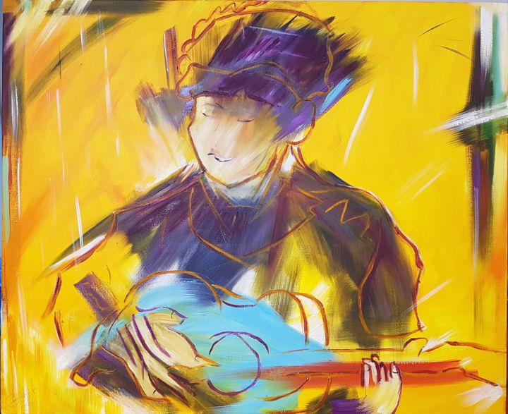 Painting titled "Guitarist" by Guillaume Van Ruymbeke, Original Artwork, Oil