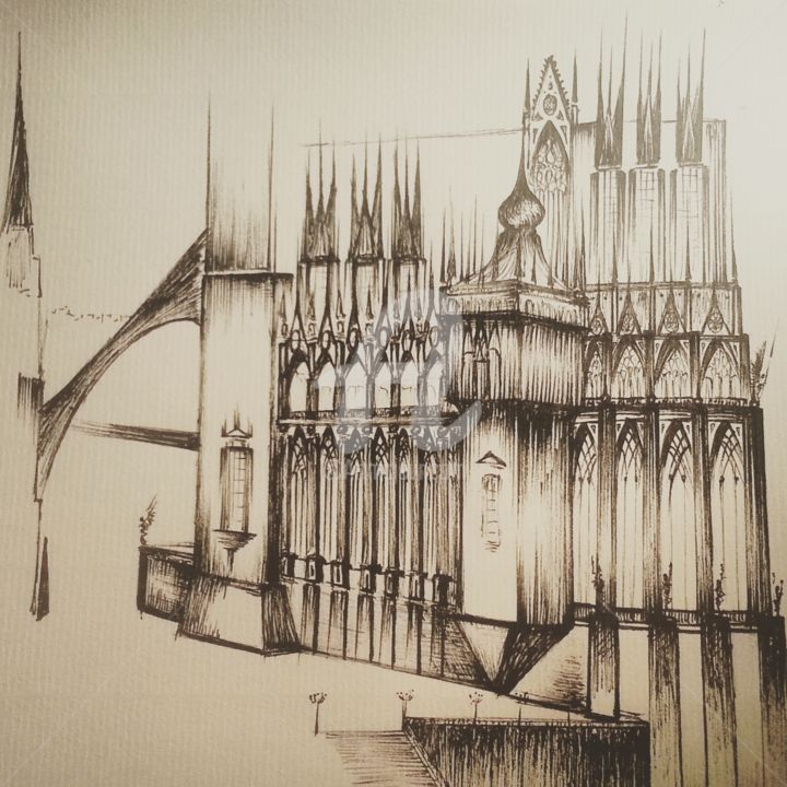 Drawing titled "Catedral de Santa C…" by Molons Sierra, Original Artwork, Ballpoint pen