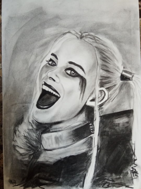 Drawing titled "Harley Quinn" by Guillermo Maza, Original Artwork, Charcoal