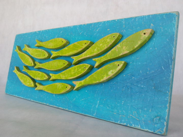 Sculpture intitulée "Green and Blue Scho…" par Pedro Guimarães, Œuvre d'art originale, Bois Monté sur Panneau de bois