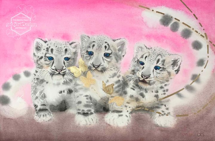 Painting titled "Baby Cubs and Golde…" by Karin Sarfati (Kaznachieva), Original Art, Watercolor