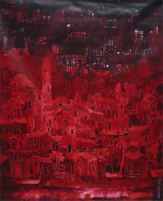 Peinture intitulée "Village" par Gulage, Œuvre d'art originale