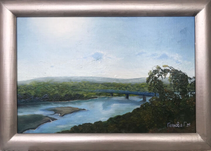 Painting titled "Agidel river" by Gulnaz Gayanova, Original Artwork, Oil Mounted on Wood Stretcher frame