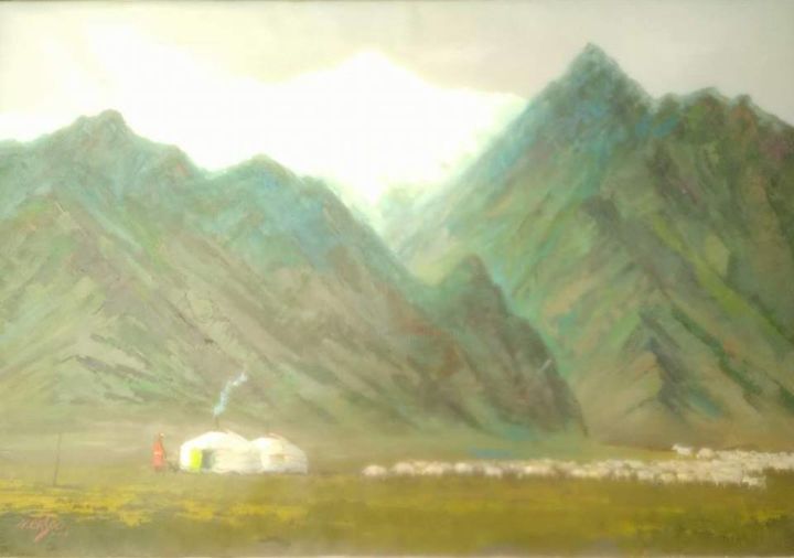 Peinture intitulée "Mountain side" par Gunchin-Ish Ariunbat, Œuvre d'art originale, Huile