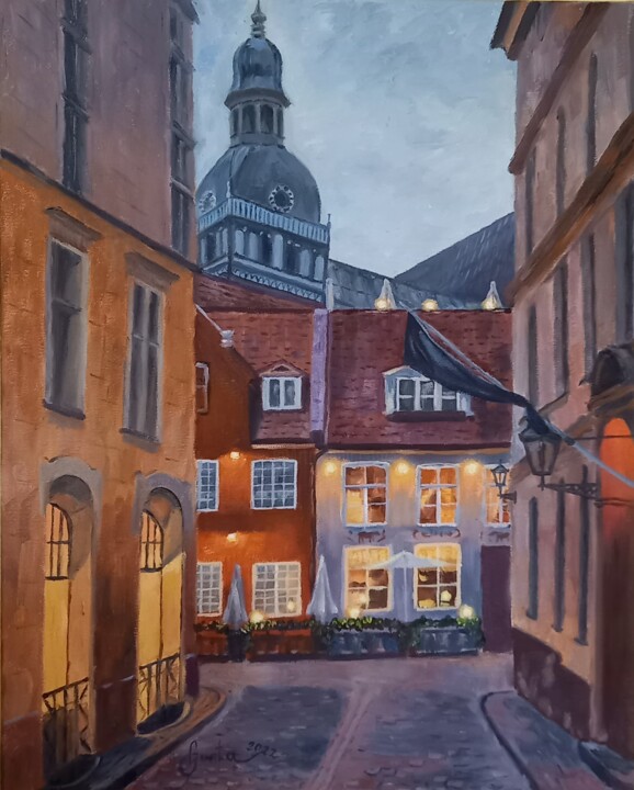 Schilderij getiteld "Old town of Riga" door Gunta Medniece, Origineel Kunstwerk, Olie