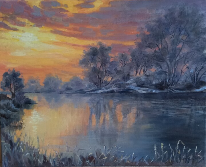 Painting titled "Winter sunset" by Gunta Medniece, Original Artwork, Oil Mounted on Wood Stretcher frame