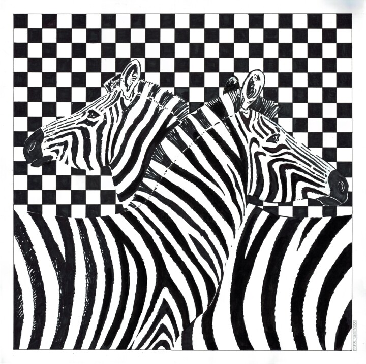 Drawing titled "Zebras" by Gunter Franke, Original Artwork, Marker