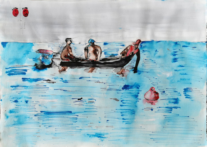 Drawing titled "Three men in a boat" by Gugo, Original Artwork, Ink