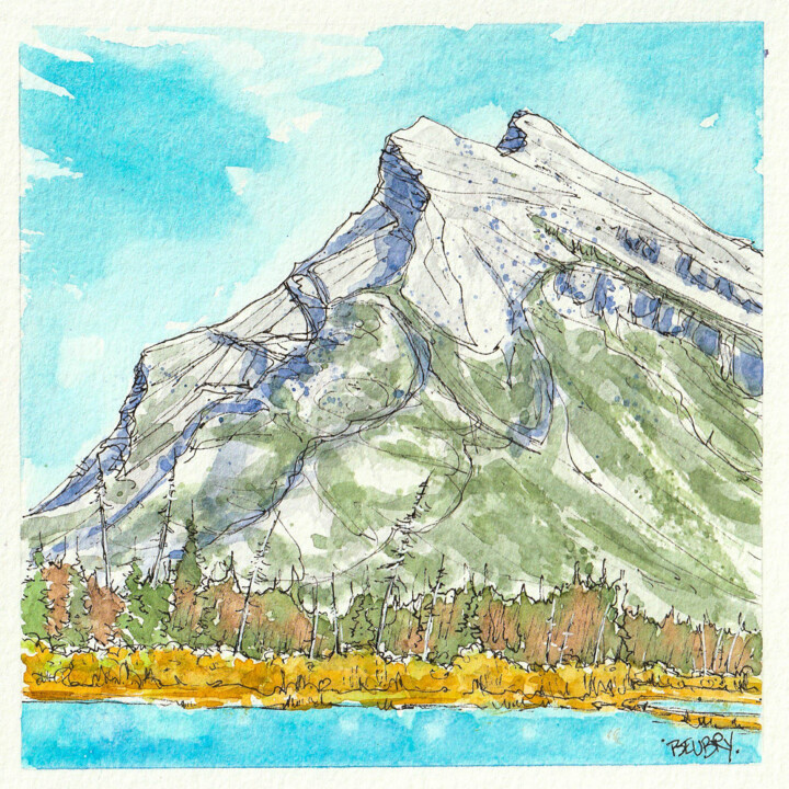 Painting titled "Rundle Mountain" by Gurvan Beubry, Original Artwork, Watercolor