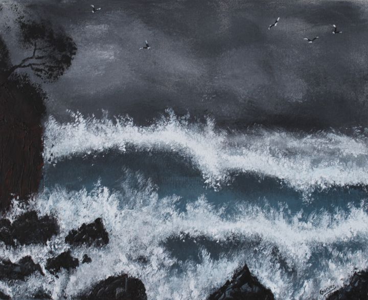 Картина под названием "Seascape 1" - Gurvanart, Подлинное произведение искусства, Акрил Установлен на Деревянная рама для но…