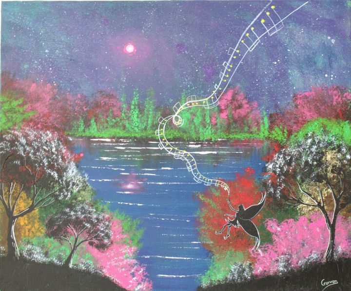 Картина под названием "Fairy Landscape" - Gurvanart, Подлинное произведение искусства, Акрил Установлен на Деревянная рама д…