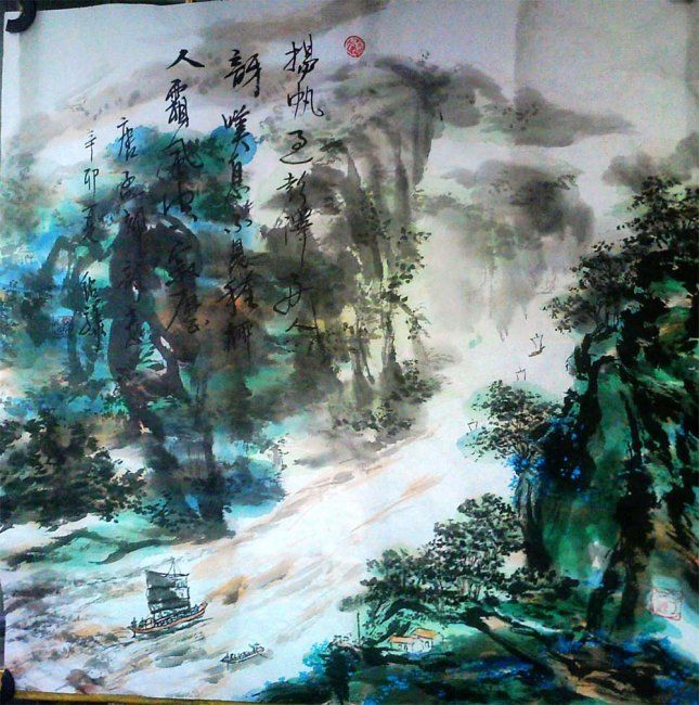 Pittura intitolato "Poetic Chinese land…" da Shaohua Gu, Opera d'arte originale, Olio