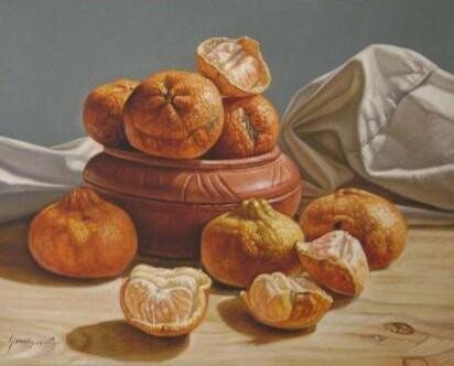 Malerei mit dem Titel "mandarinas" von Gustavo Dominguez, Original-Kunstwerk