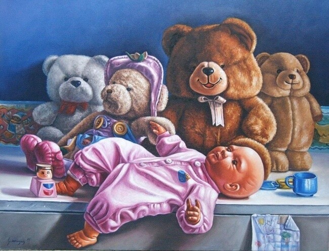 Painting titled "sus juguetes prefer…" by Gustavo Dominguez, Original Artwork