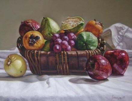 Painting titled "canasta con frutas" by Gustavo Dominguez, Original Artwork