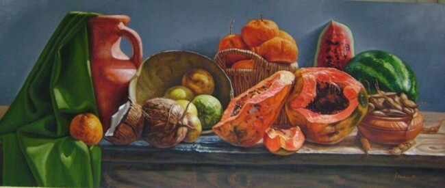 Peinture intitulée "sobre la mesa" par Gustavo Dominguez, Œuvre d'art originale
