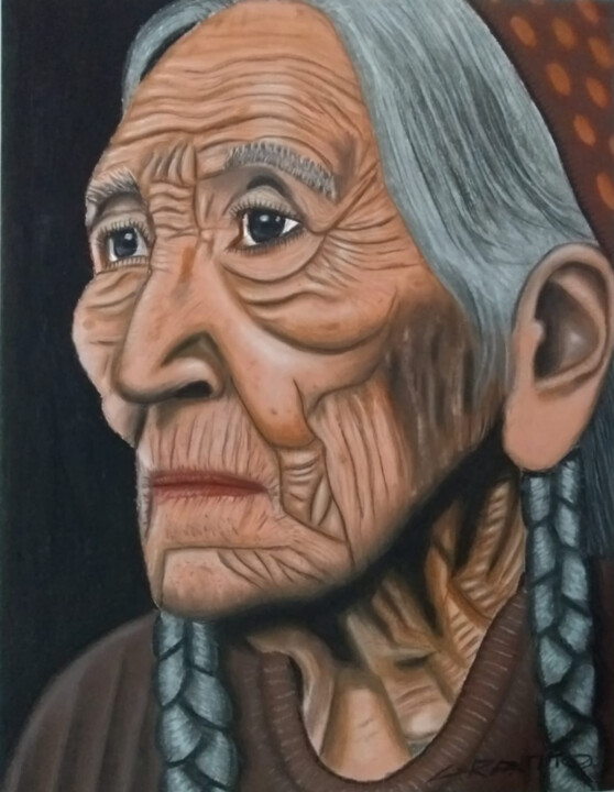 Painting titled "Old woman with brai…" by Gustavo Martinez (Grafito), Original Artwork, Pastel