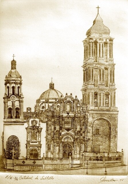 Disegno intitolato "catedral de saltillo" da Gustavo Moller, Opera d'arte originale