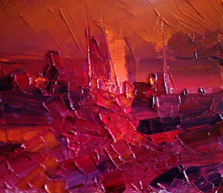 Painting titled "Red Sunset" by Gustavo Vazquez King, Original Artwork, Oil