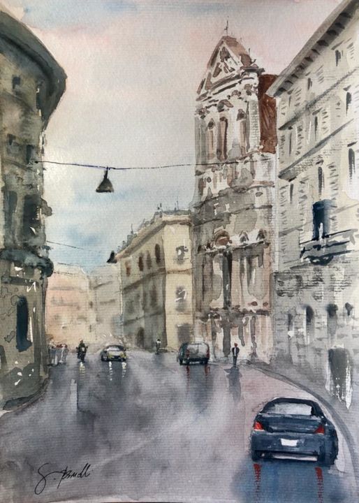 Pintura intitulada "Italia molhada" por Gustavo Bissolli, Obras de arte originais, Aquarela