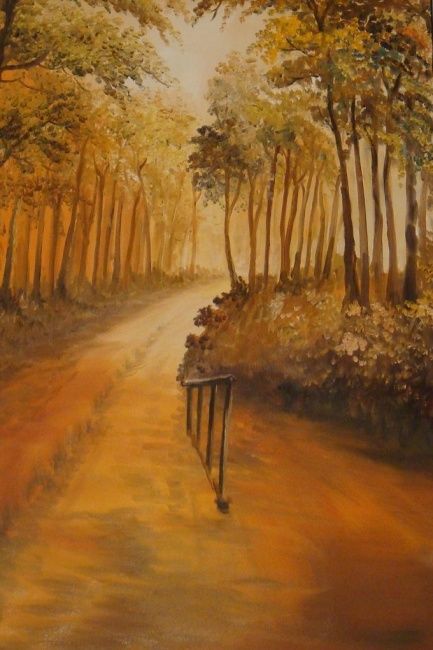 Painting titled "Un chemin en automne" by Geo Guthleber, Original Artwork, Oil