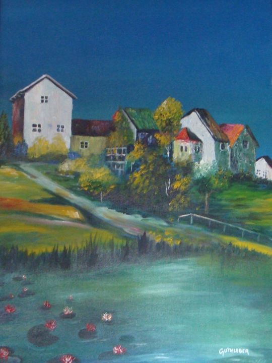 Peinture intitulée "Le hameau de là-bas" par Geo Guthleber, Œuvre d'art originale, Huile