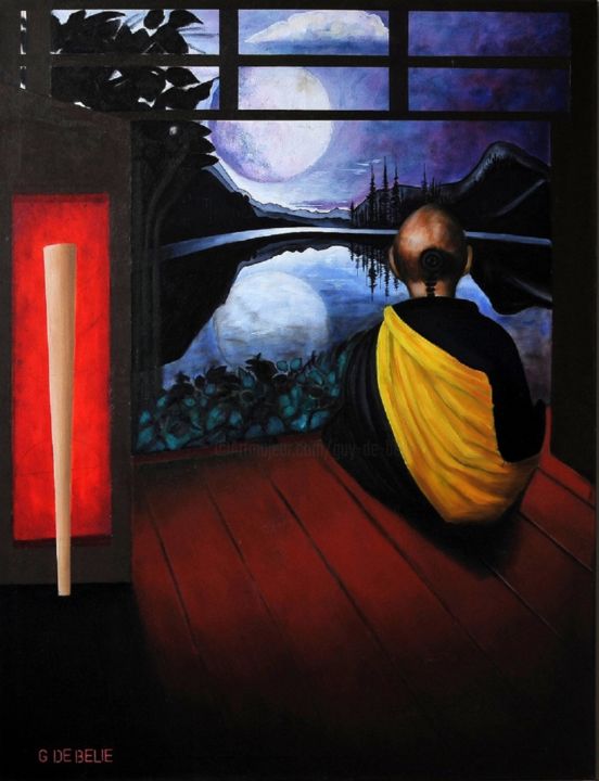 Painting titled "sitting-monk" by Guy De Belie, Original Artwork, Oil