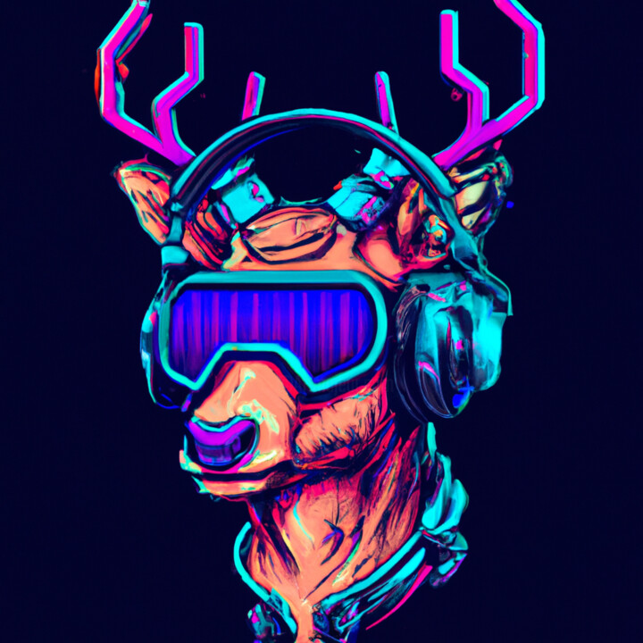 Arte digitale intitolato "Deer with headset" da Guy Dorion, Opera d'arte originale, Immagine generata dall'IA