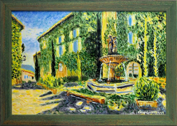 Картина под названием "Place de la fontain…" - Guy Fitoussi, Подлинное произведение искусства, Масло Установлен на Деревянна…