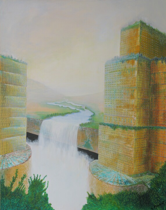 Painting titled "paysage imaginaire" by Guy Fouinat, Original Artwork, Acrylic Mounted on Wood Stretcher frame