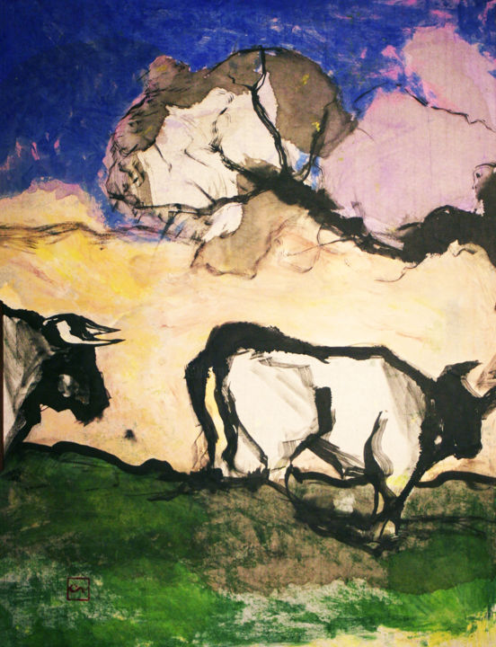 Painting titled "toros-en-marche-14.…" by Guy Fouré, Original Artwork