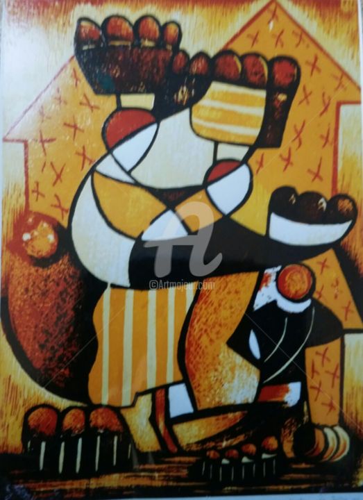 Printmaking titled "MARCHÉ AFRICAIN" by Guy Appolinaire Kassi, Original Artwork, Xylography