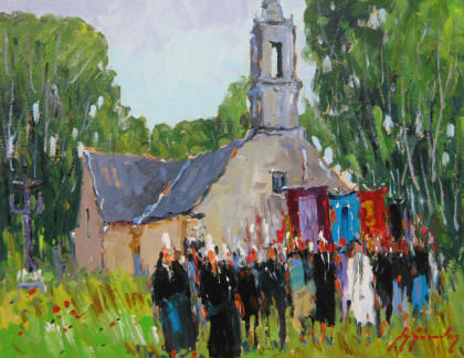 Painting titled "Bretagne procession" by Guy Le Gendre, Original Artwork, Oil