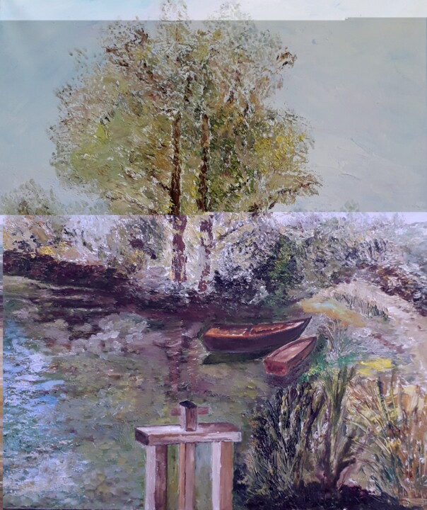 Painting titled "Les barques" by Guy Romedenne, Original Artwork, Oil Mounted on Wood Stretcher frame